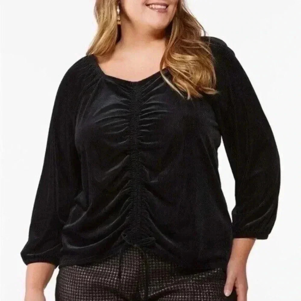 Cato Chic Gothic Black Cinched Front Velvet Top Blouse Long Sleeve Plus Size 26